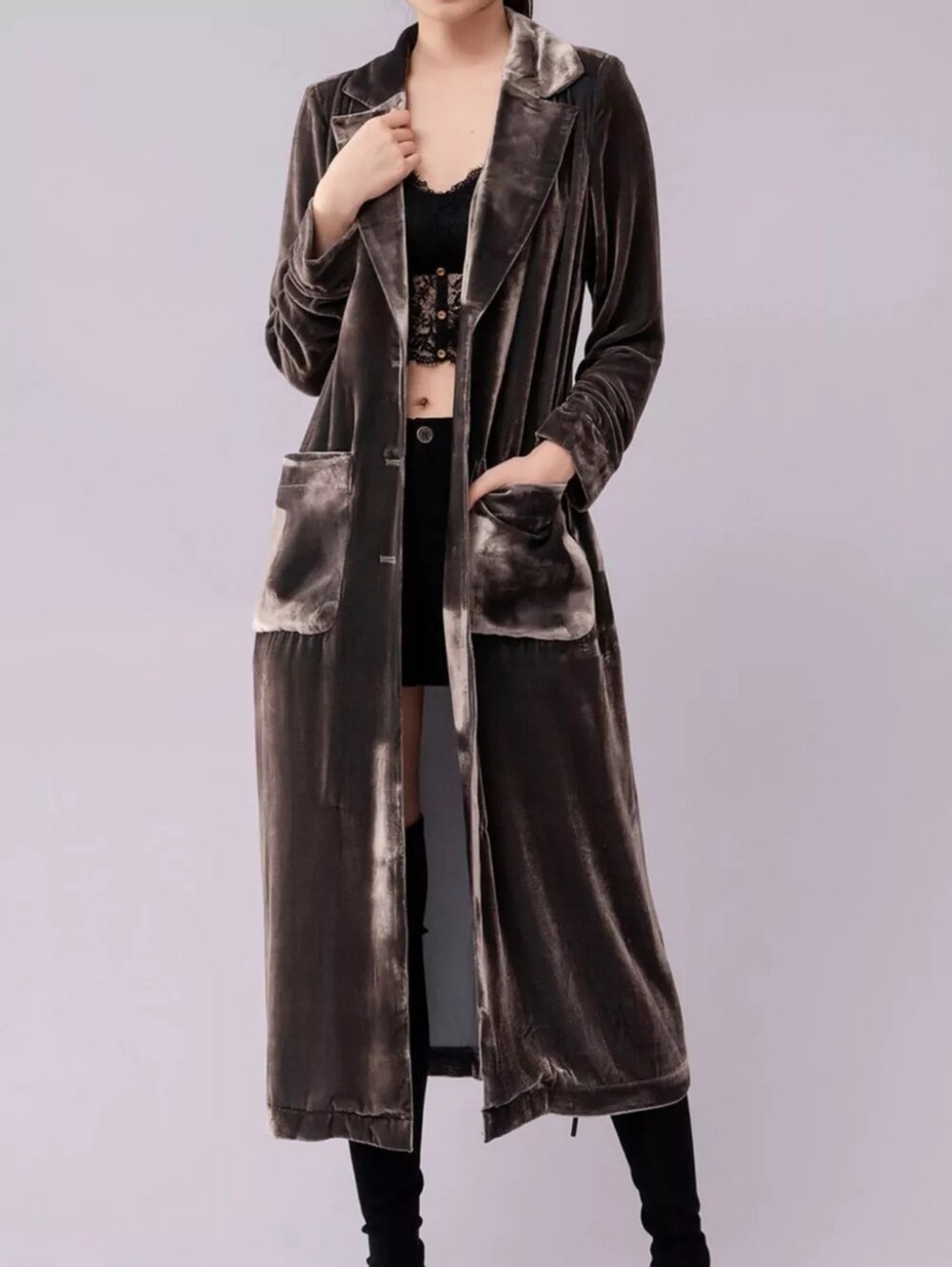Velvet Lapel Collar Longline Coat